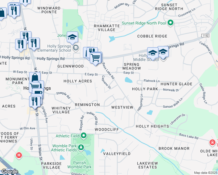 map of restaurants, bars, coffee shops, grocery stores, and more near 313 Caprano Drive in Holly Springs