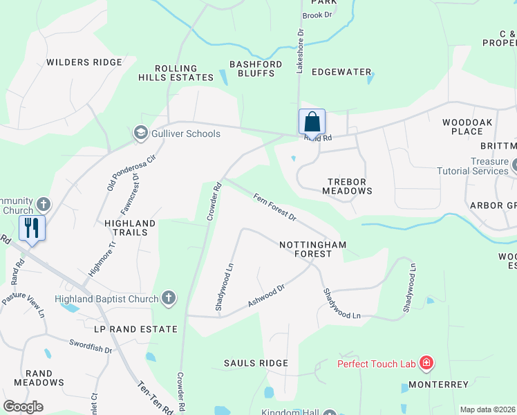 map of restaurants, bars, coffee shops, grocery stores, and more near 120 Fern Forest Drive in Raleigh