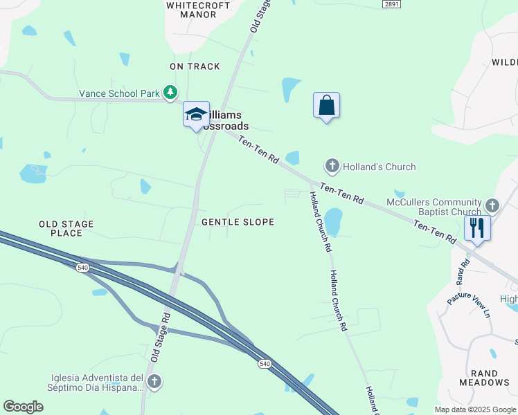 map of restaurants, bars, coffee shops, grocery stores, and more near 712 Gentle Slope Way in Raleigh