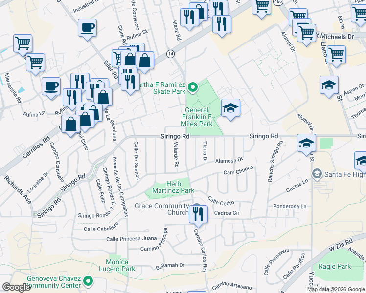 map of restaurants, bars, coffee shops, grocery stores, and more near 1018 Camino Carlos Rey in Santa Fe