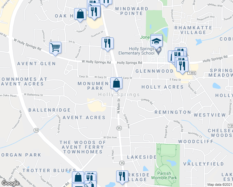 map of restaurants, bars, coffee shops, grocery stores, and more near 147 North Main Street in Holly Springs
