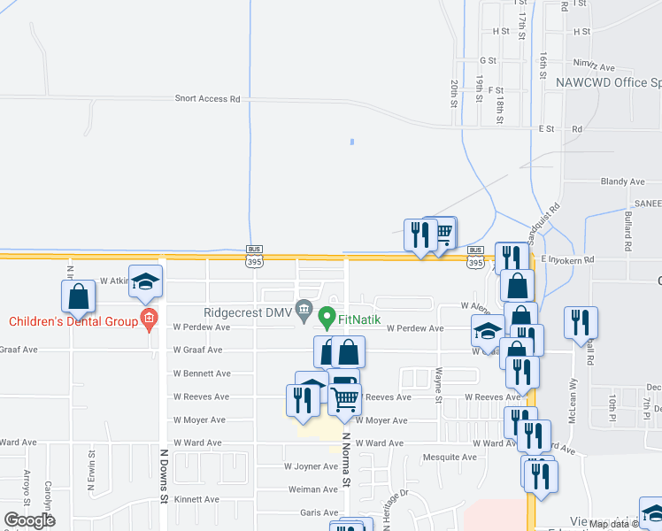 map of restaurants, bars, coffee shops, grocery stores, and more near 509 West Inyokern Road in Ridgecrest