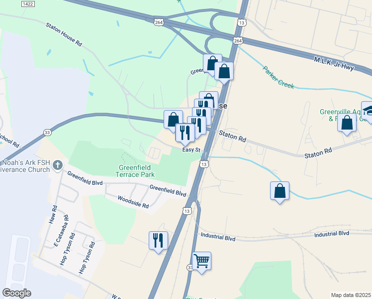 map of restaurants, bars, coffee shops, grocery stores, and more near 250 Easy Street in Greenville