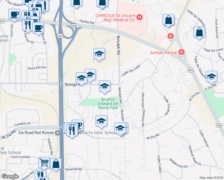 map of restaurants, bars, coffee shops, grocery stores, and more near 96 Siringo Road in Santa Fe