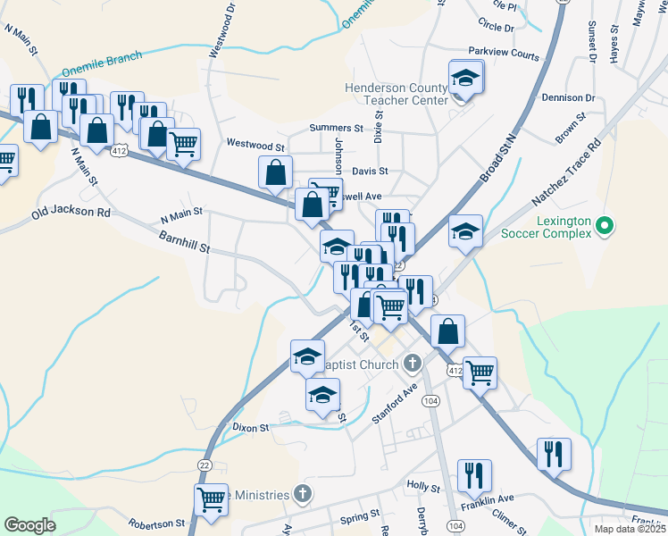 map of restaurants, bars, coffee shops, grocery stores, and more near 41 W Church St in Lexington
