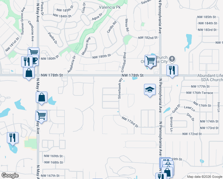 map of restaurants, bars, coffee shops, grocery stores, and more near 2416 Northwest 177th Street in Edmond