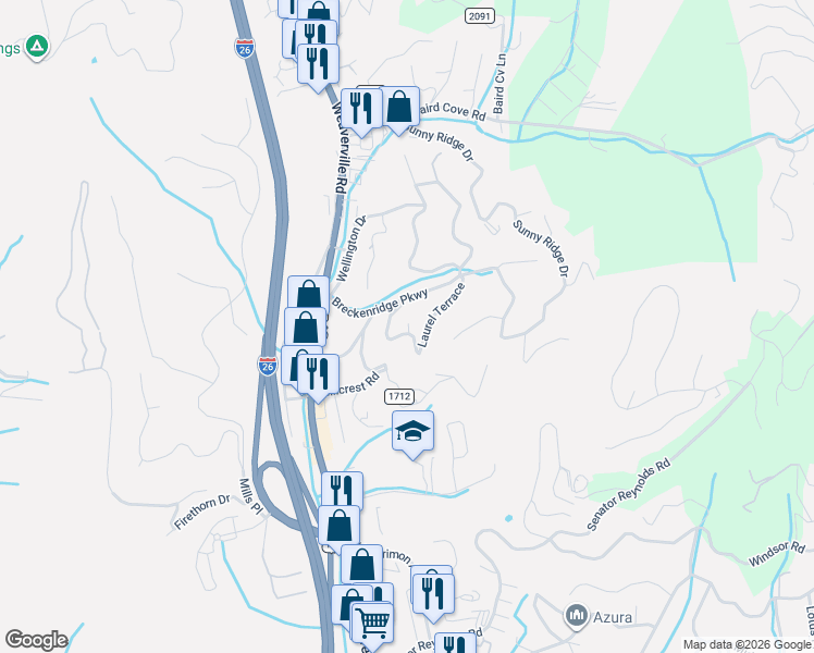 map of restaurants, bars, coffee shops, grocery stores, and more near 42 Breckenridge Parkway in Asheville