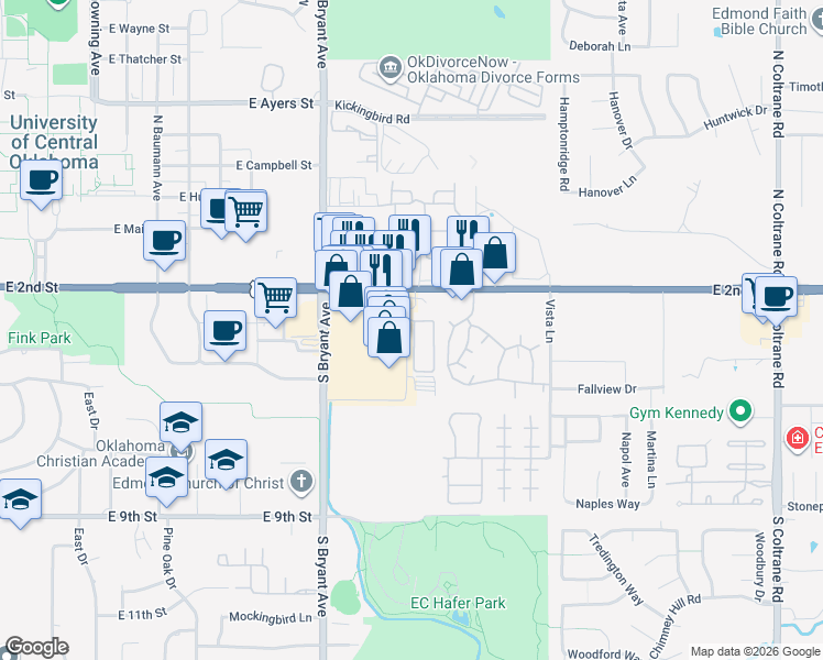 map of restaurants, bars, coffee shops, grocery stores, and more near 1800 East 2nd Street in Edmond