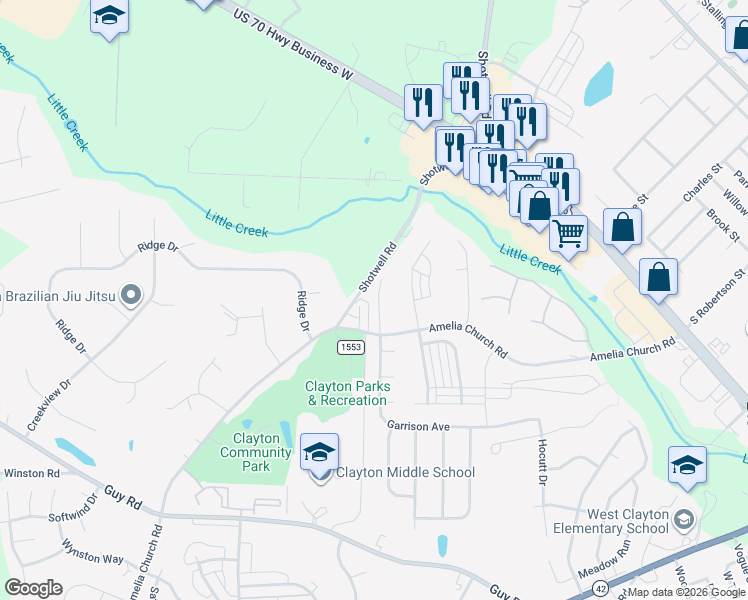 map of restaurants, bars, coffee shops, grocery stores, and more near 187 Yellow Jacket Ridge in Clayton