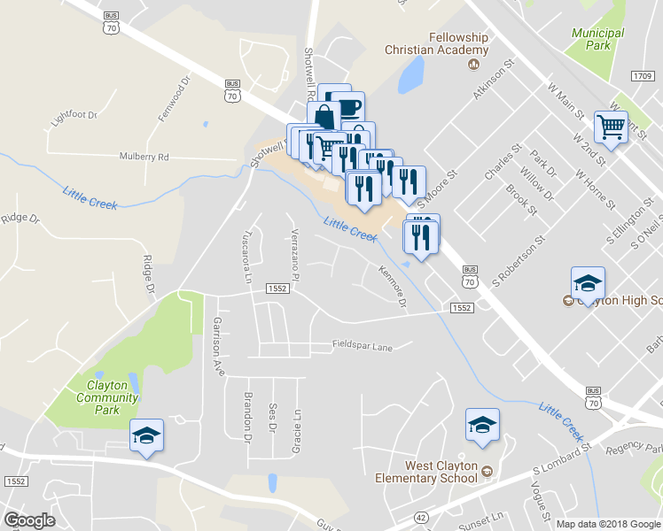 map of restaurants, bars, coffee shops, grocery stores, and more near 101 Sturbridge Drive in Clayton