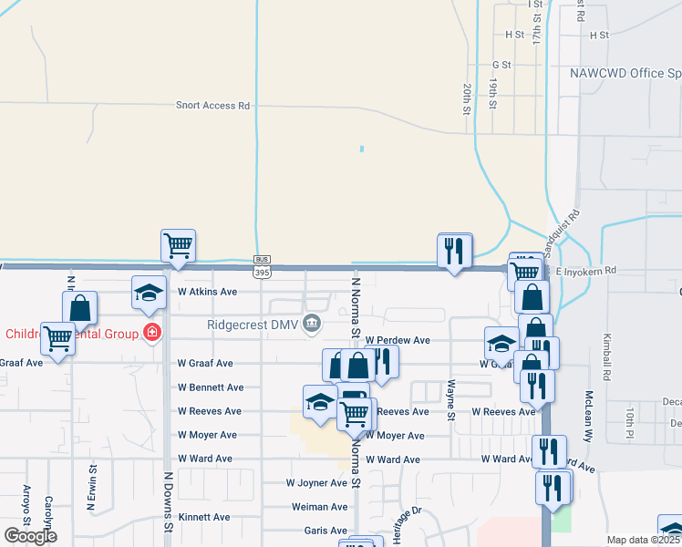 map of restaurants, bars, coffee shops, grocery stores, and more near 501 California 178 in Ridgecrest