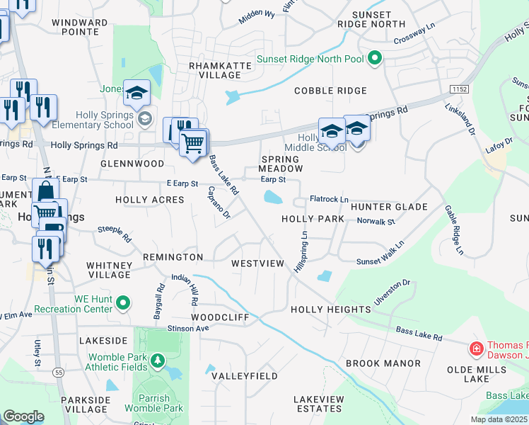 map of restaurants, bars, coffee shops, grocery stores, and more near 229 Bass Lake Road in Holly Springs