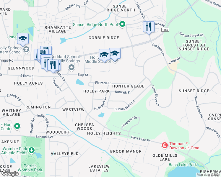 map of restaurants, bars, coffee shops, grocery stores, and more near 304 Holly Park Drive in Holly Springs