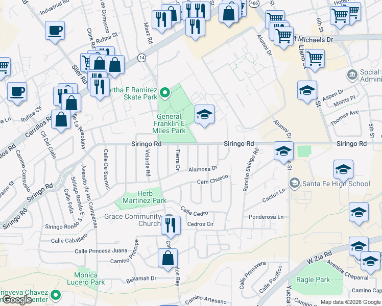 map of restaurants, bars, coffee shops, grocery stores, and more near 1024 Flora Drive in Santa Fe