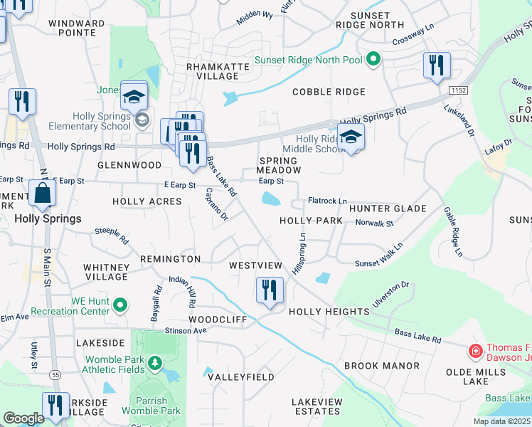 map of restaurants, bars, coffee shops, grocery stores, and more near 229 Bass Lake Road in Holly Springs