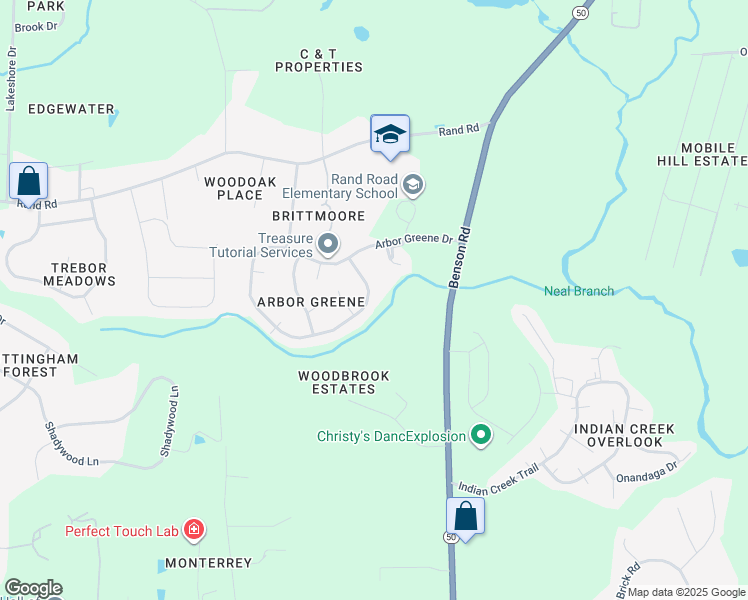 map of restaurants, bars, coffee shops, grocery stores, and more near 1312 Arbor Greene Drive in Garner