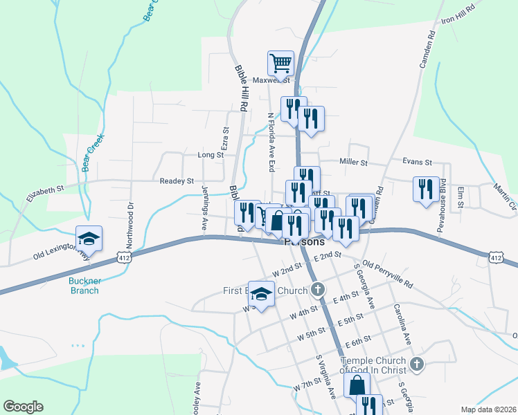 map of restaurants, bars, coffee shops, grocery stores, and more near 132 Buckner Street in Parsons