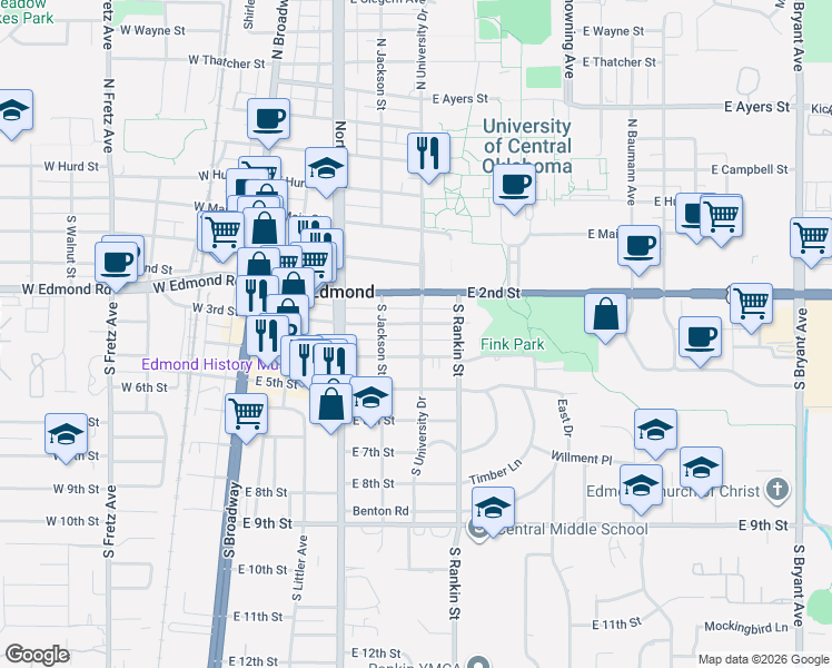 map of restaurants, bars, coffee shops, grocery stores, and more near 405 East 3rd Street in Edmond