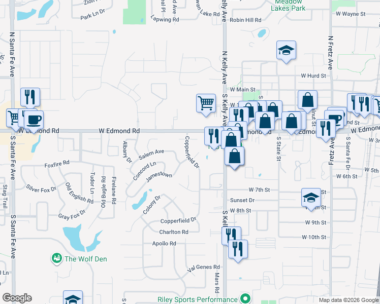 map of restaurants, bars, coffee shops, grocery stores, and more near 1108 Raliegh Circle in Edmond