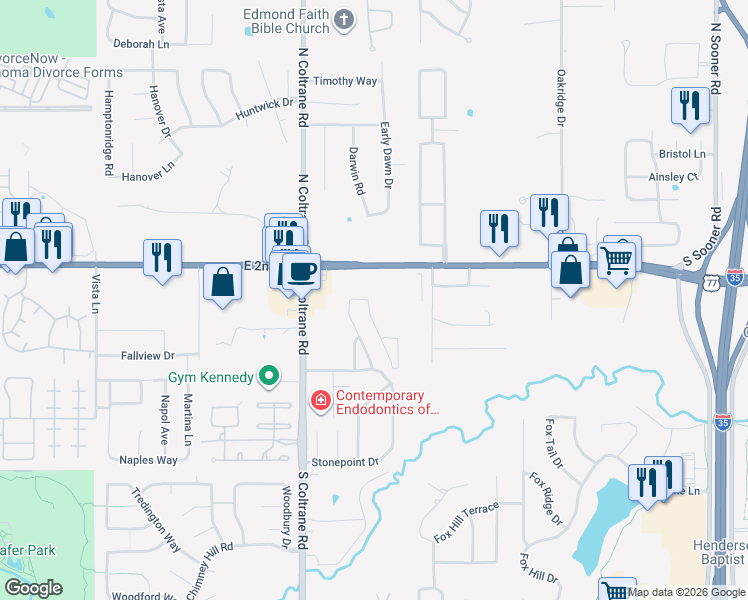 map of restaurants, bars, coffee shops, grocery stores, and more near 3105 Lonsdale Drive in Edmond