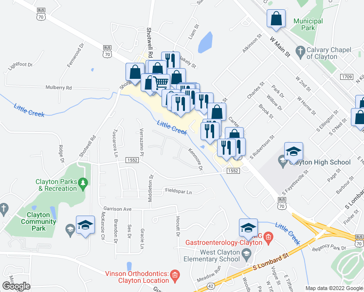 map of restaurants, bars, coffee shops, grocery stores, and more near 989 Kershaw Lane in Clayton