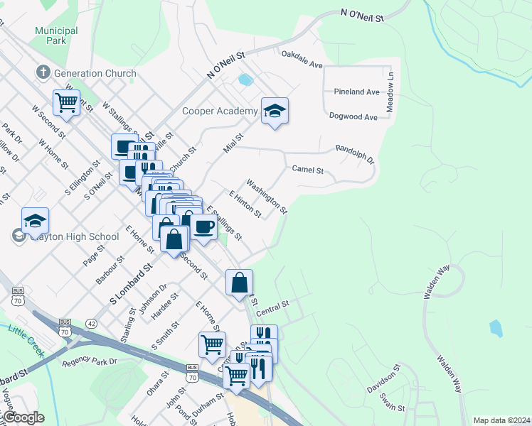 map of restaurants, bars, coffee shops, grocery stores, and more near 520 East Hinton Street in Clayton