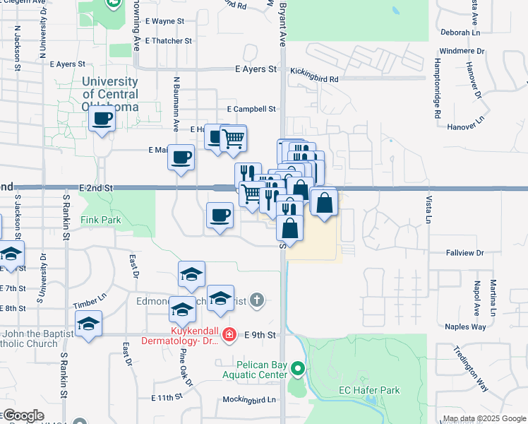 map of restaurants, bars, coffee shops, grocery stores, and more near 1400 East 2nd Street in Edmond