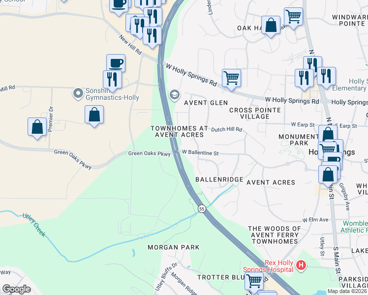 map of restaurants, bars, coffee shops, grocery stores, and more near 104 Otisco Trail in Holly Springs