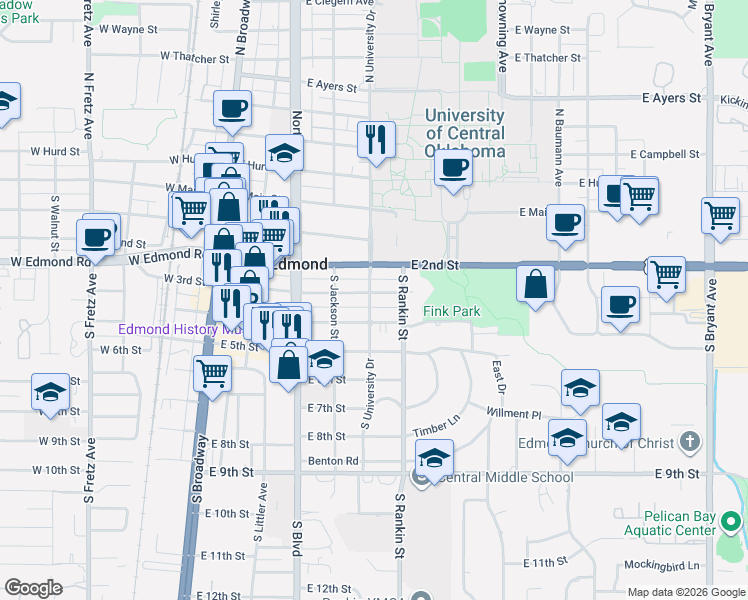 map of restaurants, bars, coffee shops, grocery stores, and more near 405 East 3rd Street in Edmond