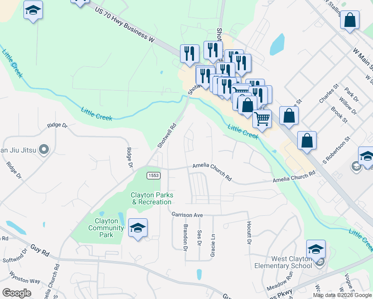 map of restaurants, bars, coffee shops, grocery stores, and more near 137 Tuscarora Lane in Clayton