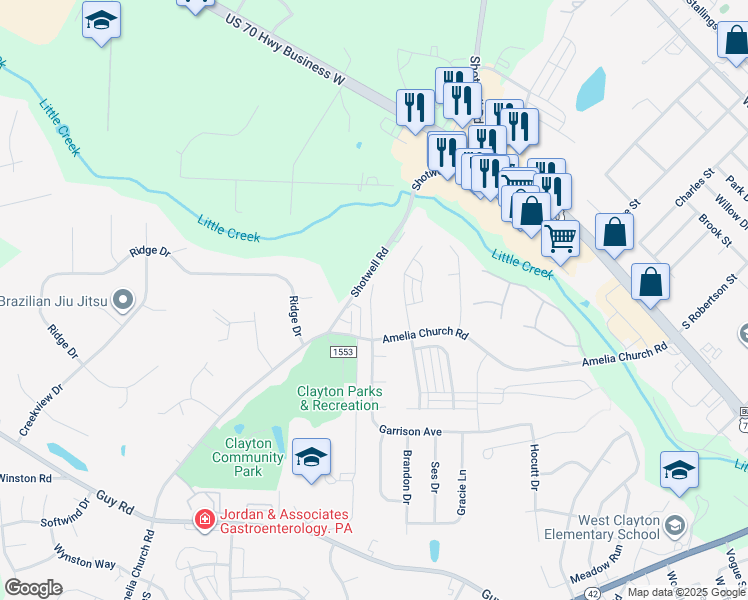 map of restaurants, bars, coffee shops, grocery stores, and more near 166 Yellow Jacket Ridge in Clayton