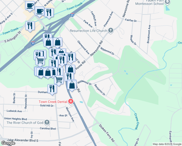 map of restaurants, bars, coffee shops, grocery stores, and more near 208 Eastwood Drive in Salisbury