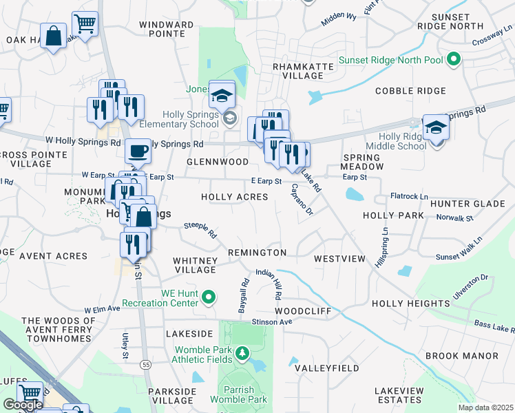 map of restaurants, bars, coffee shops, grocery stores, and more near 205 Holly Acres Road in Holly Springs