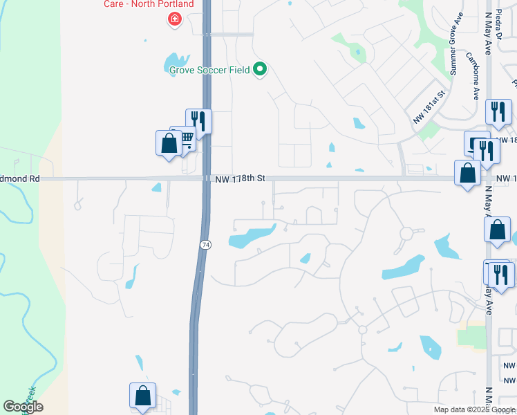 map of restaurants, bars, coffee shops, grocery stores, and more near 17717 Spacious Sky Court in Edmond