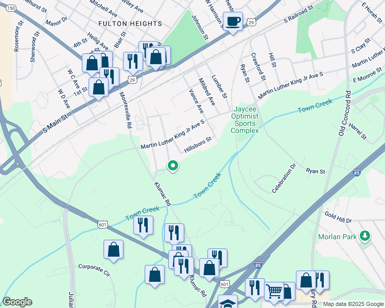 map of restaurants, bars, coffee shops, grocery stores, and more near 1429 Hillsboro Street in Salisbury