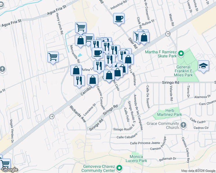 map of restaurants, bars, coffee shops, grocery stores, and more near 3022 Cielo Court in Santa Fe