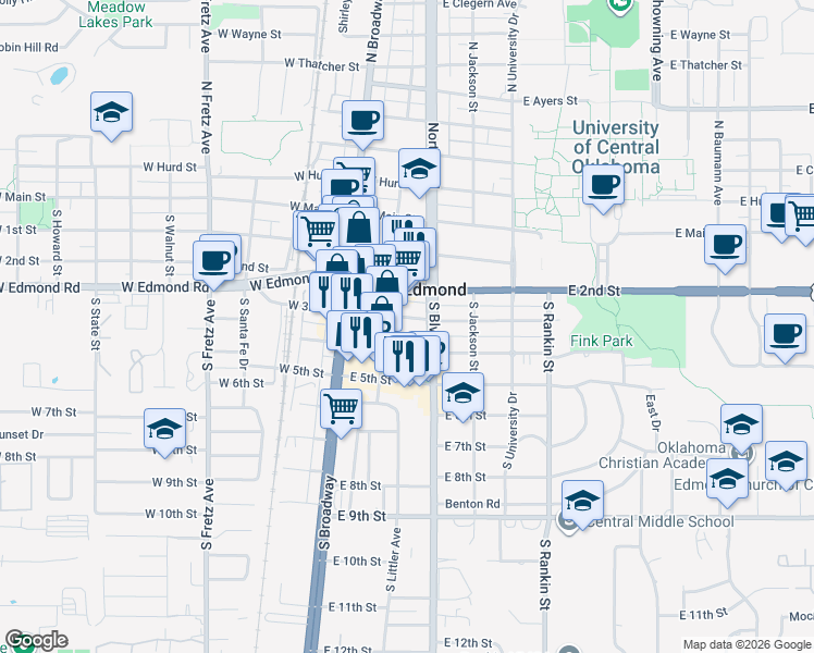 map of restaurants, bars, coffee shops, grocery stores, and more near 115 East 3rd Street in Edmond