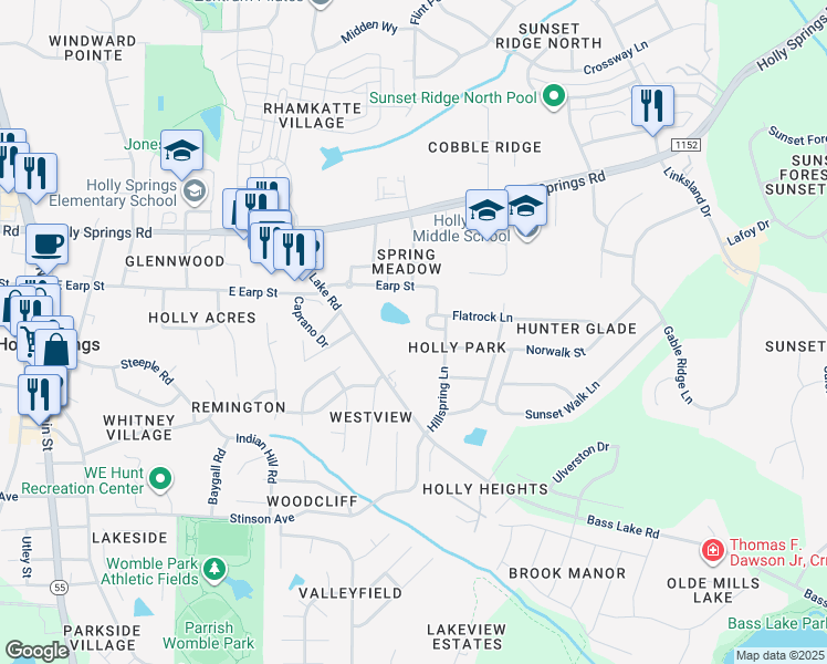 map of restaurants, bars, coffee shops, grocery stores, and more near 113 Flatrock Lane in Holly Springs
