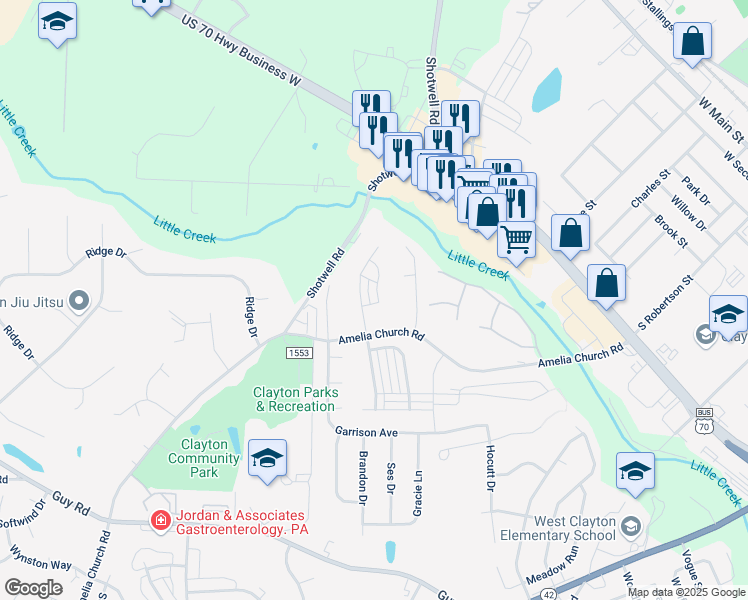 map of restaurants, bars, coffee shops, grocery stores, and more near 78 Sioux Lane in Clayton