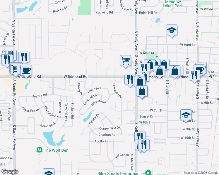 map of restaurants, bars, coffee shops, grocery stores, and more near 1124 Raliegh Court in Edmond