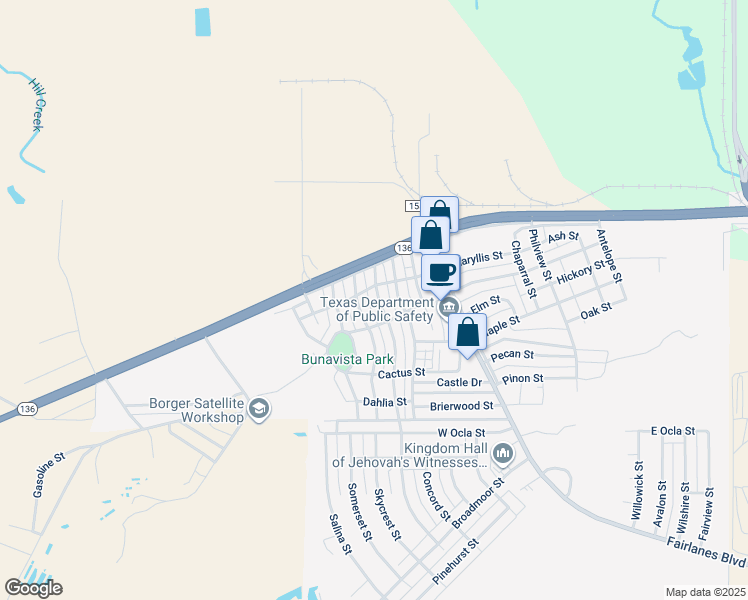 map of restaurants, bars, coffee shops, grocery stores, and more near 205 Dolomita Street in Borger