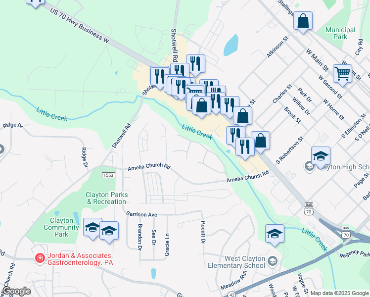 map of restaurants, bars, coffee shops, grocery stores, and more near 135 Sturbridge Drive in Clayton