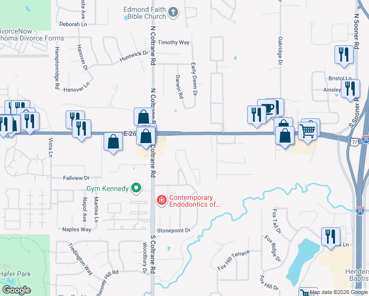 map of restaurants, bars, coffee shops, grocery stores, and more near 3105 Lonsdale Drive in Edmond
