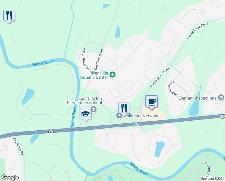 map of restaurants, bars, coffee shops, grocery stores, and more near 357 East Porthaven Way in Clayton