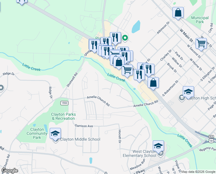 map of restaurants, bars, coffee shops, grocery stores, and more near 1513 Kenmore Drive in Clayton