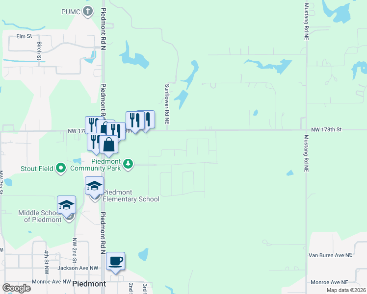 map of restaurants, bars, coffee shops, grocery stores, and more near 1507 Hickory Trail in Piedmont