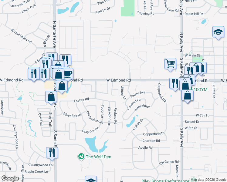 map of restaurants, bars, coffee shops, grocery stores, and more near 320 Longhorn Drive in Edmond