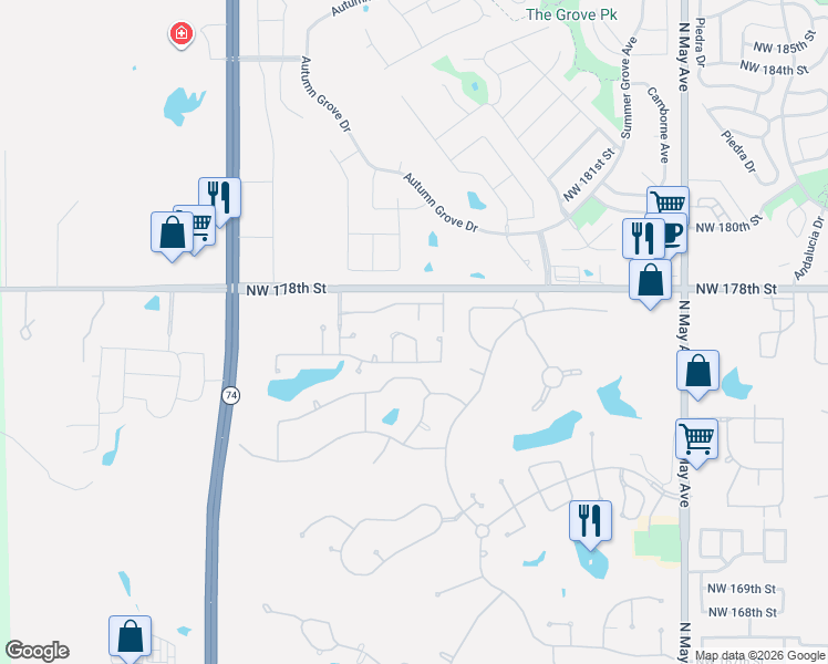 map of restaurants, bars, coffee shops, grocery stores, and more near 3329 Northwest 177th Court in Edmond