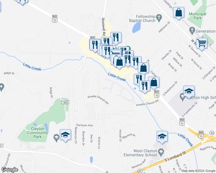 map of restaurants, bars, coffee shops, grocery stores, and more near 131 Sturbridge Drive in Clayton