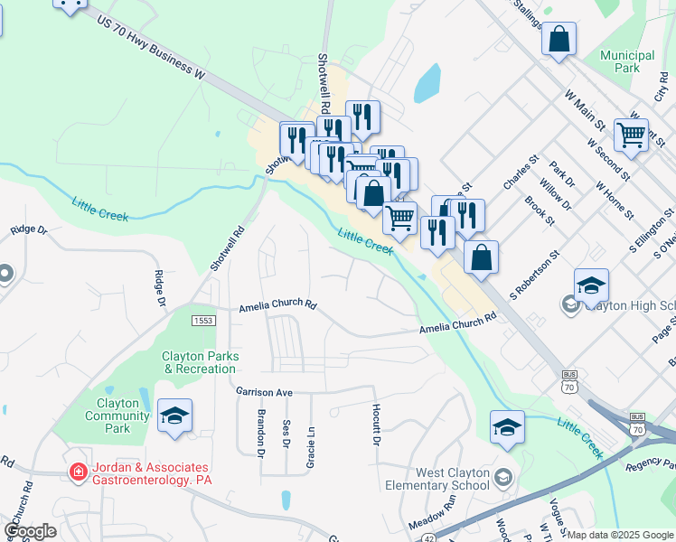 map of restaurants, bars, coffee shops, grocery stores, and more near 131 Sturbridge Drive in Clayton